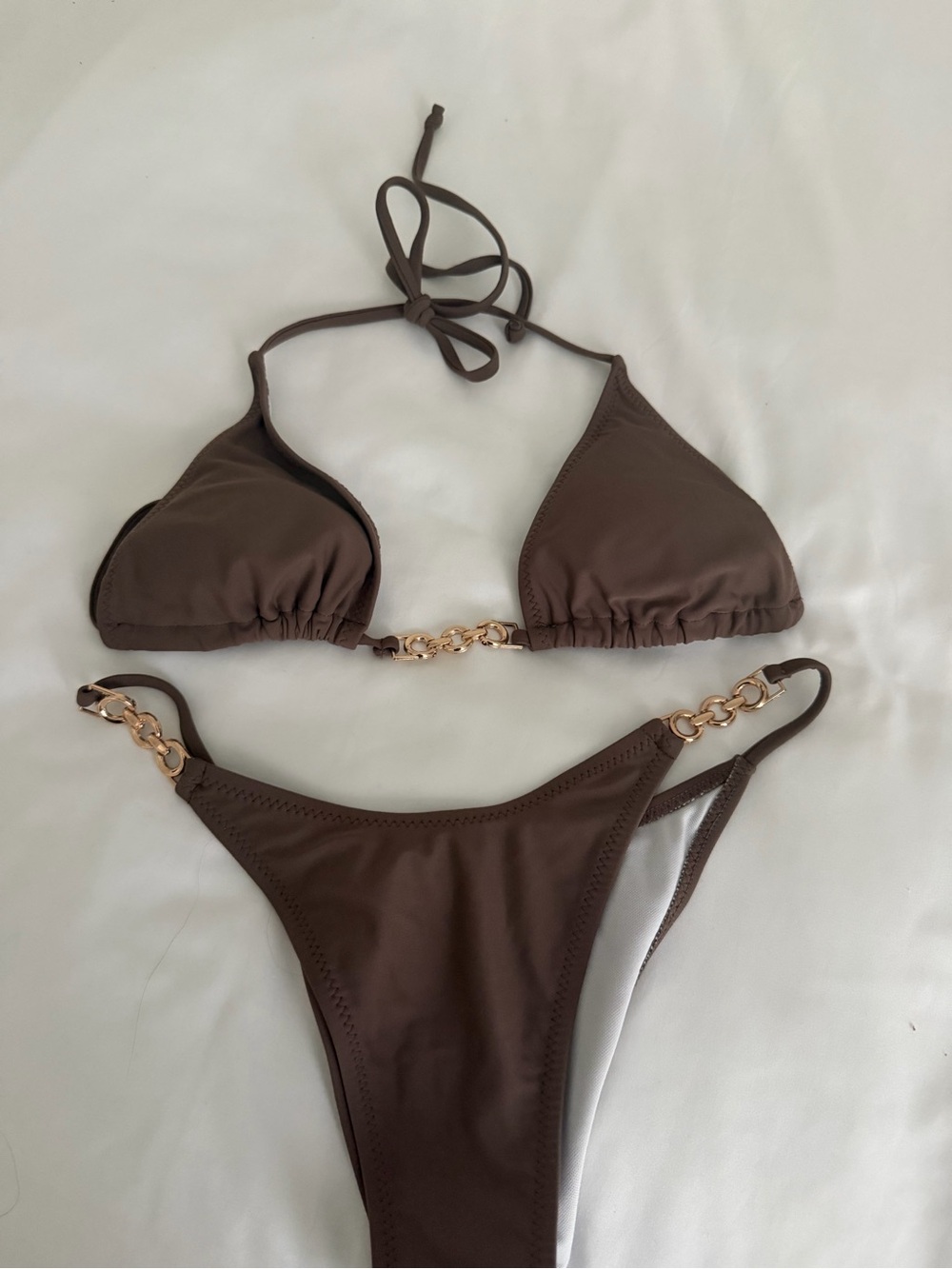 SHEIN Brown Triangle Bikini Set with Gold Chain Accents